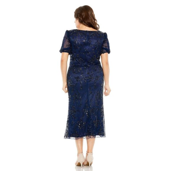 NWT Mac Duggal High Neck Puff Sleeve Embellished Dress Midnight 16W - Picture 4 of 8